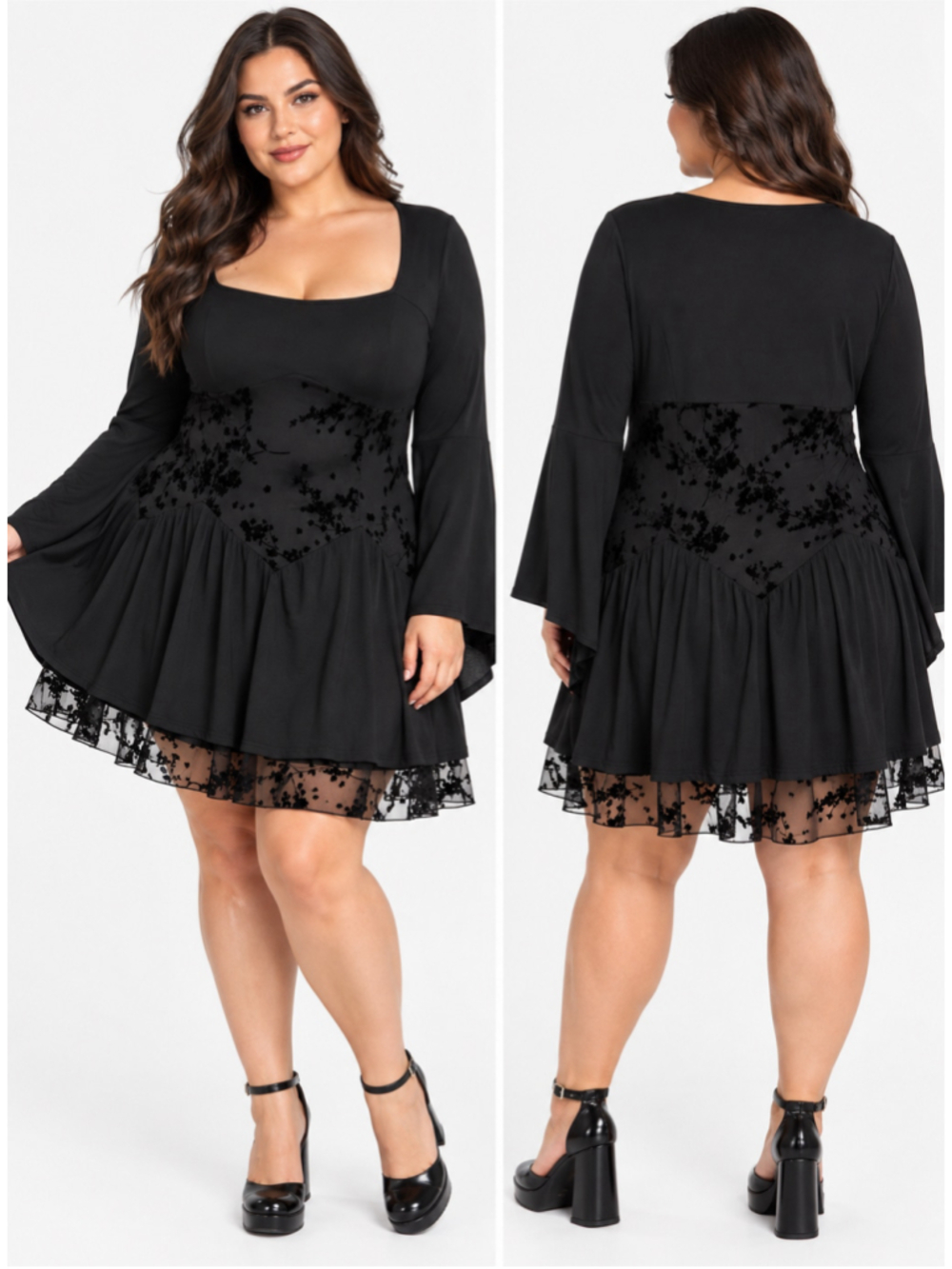 Cosmic Aura Black Flocked Floral Mini Dress 2X Bell Sleeve Whimsigoth Goth